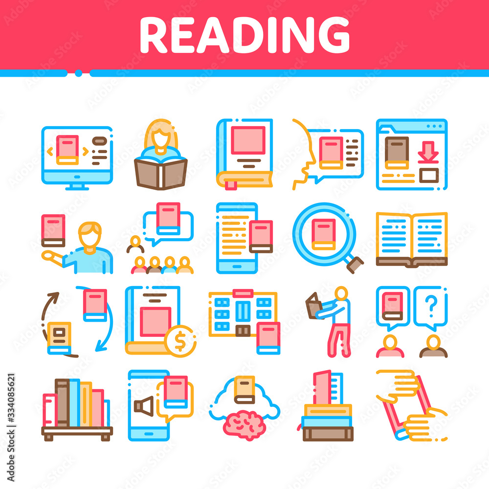 Reading Library Book Collection Icons Set Vector. Reading And Learning, Smartphone And Computer Education E-book, Shelf With Literature Concept Linear Pictograms. Color Illustrations Reading Library Book Collection Icons Set Vector. Reading And Learning, Smartphone And Computer Education E-book, Shelf With Literature Concept Linear Pictograms. Color Illustrations