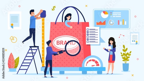 Personal Branding Technology. Brand Testing Process. Woman Customer in Shopping Bag on Weight Scale. Man with Ruler Measuring Size. Lady with Checkup List. Team Marketer. Metaphor Vector Illustration