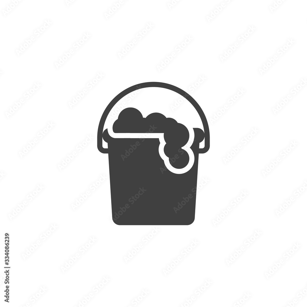 Mop bucket with foam soap vector icon. filled flat sign for mobile concept  and web design. Bucket and a rag glyph icon. Cleaning service symbol, logo  illustration. Vector graphics Stock Vector