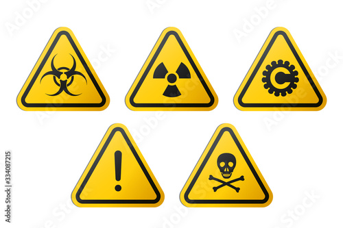 Triangular signs of a hazard warnings : biohazard, ionizing radiation, coronavirus, poison and generic danger