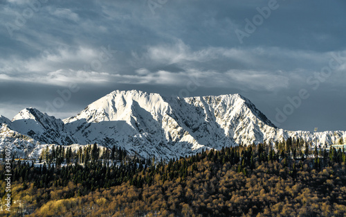 Panorama view on snow mountains.