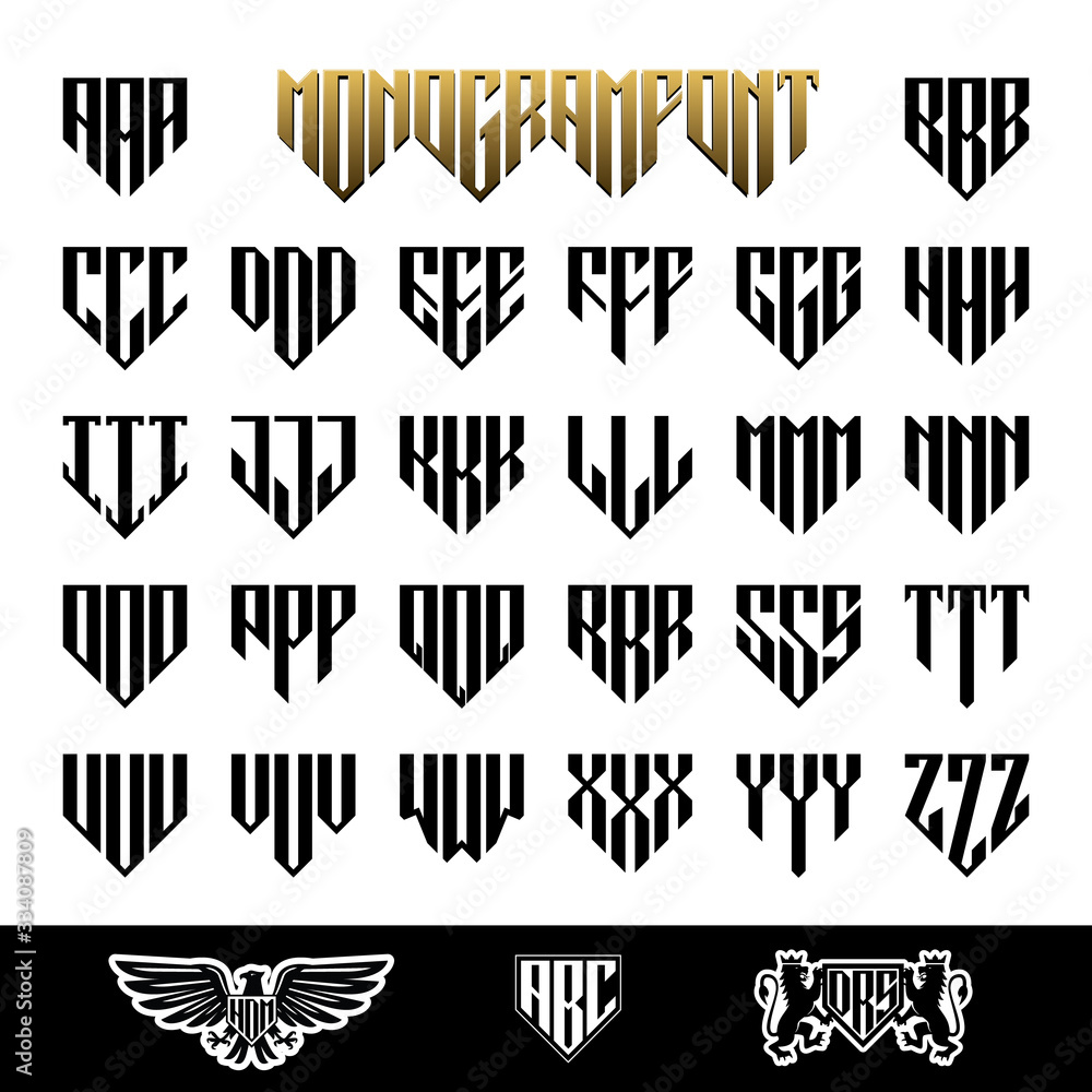 Shield Font Monogram Logo with 3 alphabet letters vector illustrations