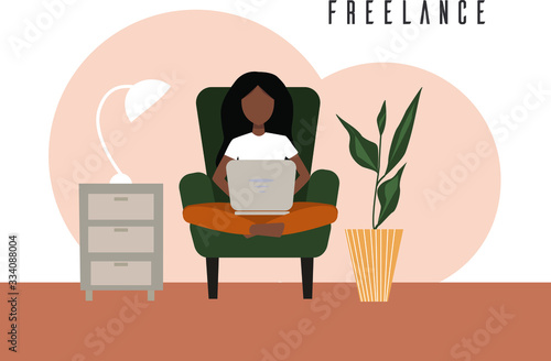 Freelance girl. Woman sitting on the armchair works with laptop, modern freelance template for website. Freelancer girl modern home office design.