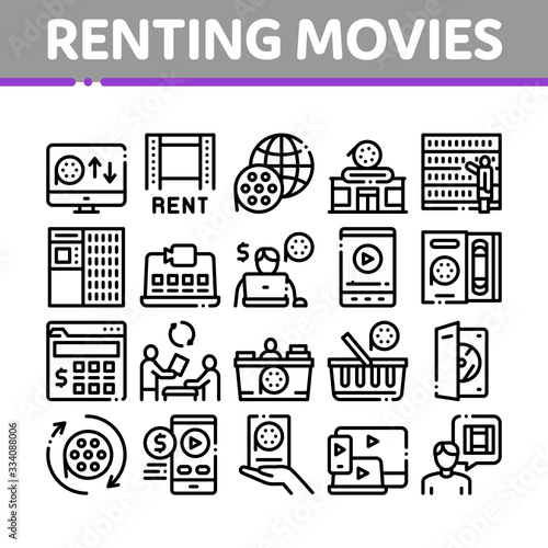Renting Movies Service Collection Icons Set Vector. Renting Movies Store, Internet Online Watching And Download, Compact Disk And Reel Concept Linear Pictograms. Monochrome Contour Illustrations