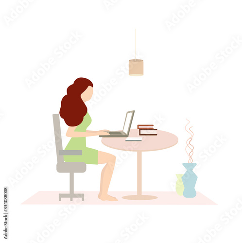 Freelance girl. Woman sitting on the armchair works with laptop, modern freelance template for website. Freelancer girl modern home office design.