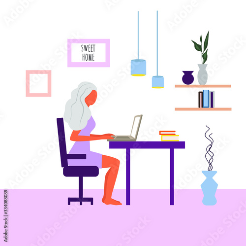 Freelance girl. Woman sitting on the armchair works with laptop, modern freelance template for website. Freelancer girl modern home office design. © illustratrice Manu