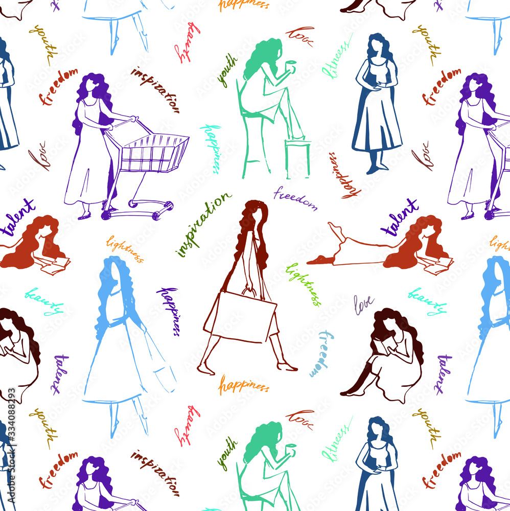 girl in motion and positive lettering seamless pattern