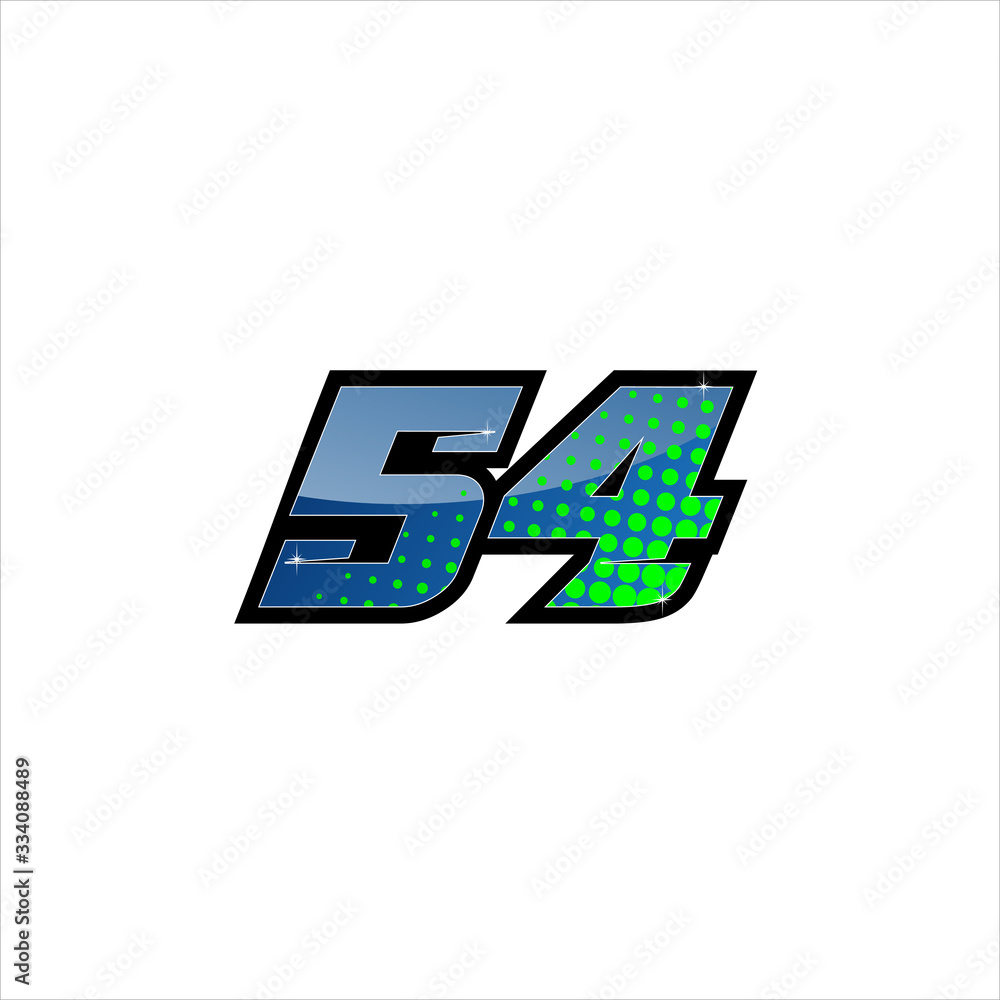 Vector Racing number 54, start racing number, sport race number with blue green color and halftone dots style isolated on white background