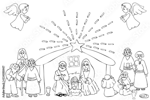 Hand drawn coloring pages for kids and adult. A Christmas nativity scene coloring cartoon