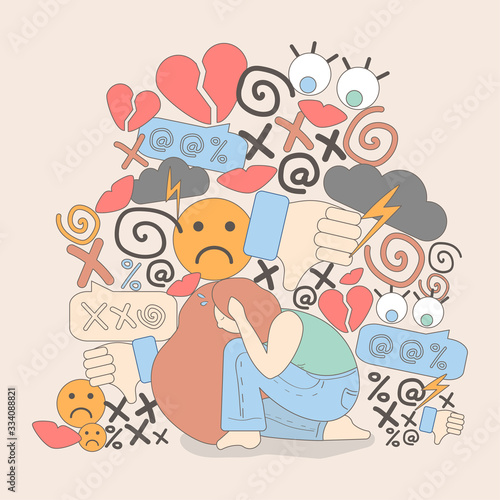 Cyberbullying of woman. online pressure. Posting sexual remarks, or pejorative labels. woman is under pressure from profanity and sexual harassment.