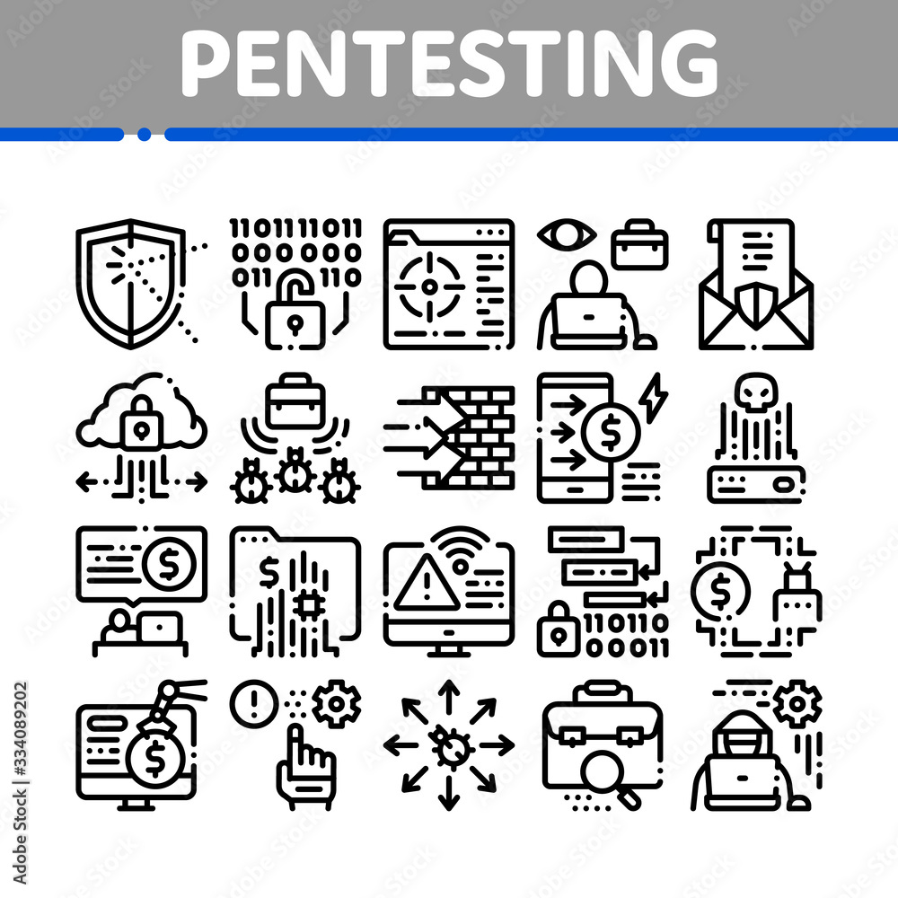 Pentesting Software Collection Icons Set Vector. Pentesting Programming Code, Cybersecurity Shield, Web Site Penetration Test Concept Linear Pictograms. Monochrome Contour Illustrations