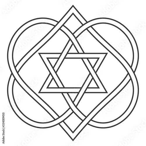 Celtic knot entwining hearts and stars of David, vector Jewish heart shape with star of David art two hearts are woven into carved love knot, symbol Jewish wedding