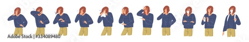Person during respiratory disease. Girl coughing in arm, elbow, tissue. Virus symptoms: headache, fever, high temperature, body stiffness. Woman in and without face mask. Colorufl vector illustration
