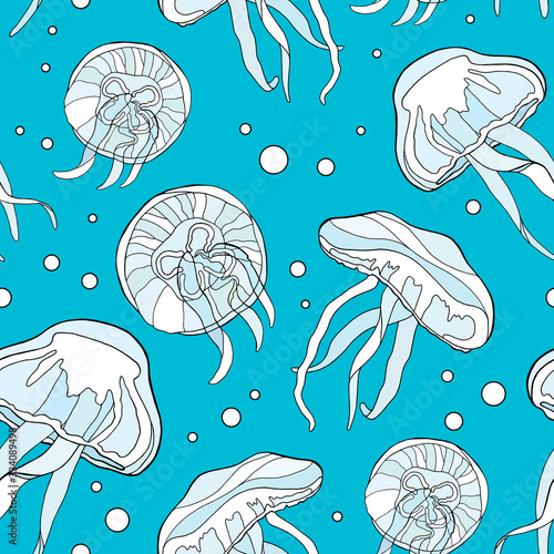Colorful jellyfish seamless pattern. Hand drawn vector illustration of uderwater inhabitants on blue water background. Medusa with bubbles design for card, print, decoration, package, banner, posters.