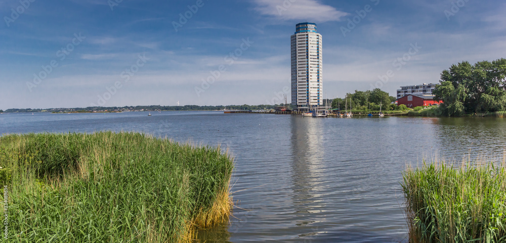 Obraz premium Panorama of a modern apartment building at the Schlei in Schleswig, Germany