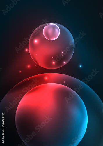 Glowing neon shiny transparent bubbles, glass circles or bio cell concept. Techno futuristic vector abstract background For Wallpaper, Banner, Background, Card, Book Illustration, landing page