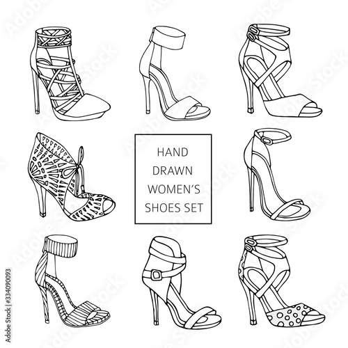 Hand drawn women s shoes silhouette set Vector