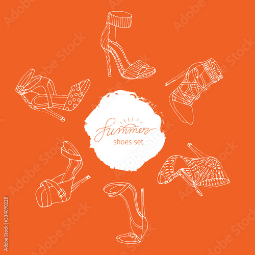 Hand drawn women s shoes set on bright orange background