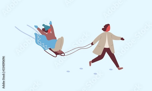 Two happy active woman enjoying sledding together isolated on white