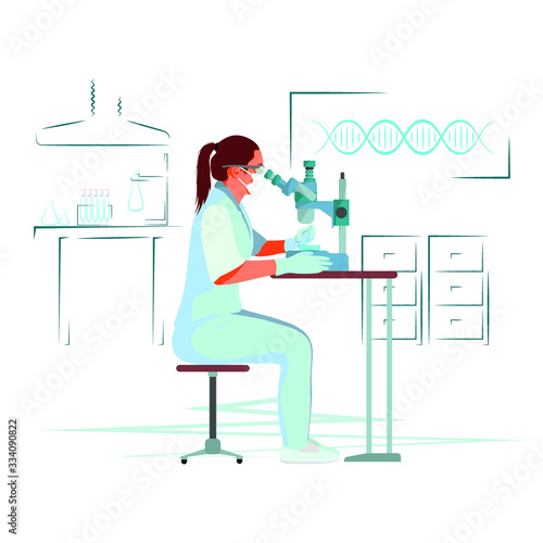 Flat illustration on a white background. A doctor or biologist examines tissue under a microscope. Looking for a cure.