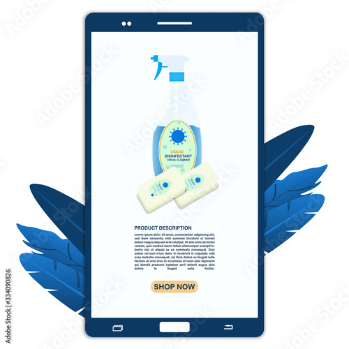 Online shopping via smart phone. liquid disinfectant hand sprayer. hand disinfectant bottle and disinfection spray and wet wipe disinfection