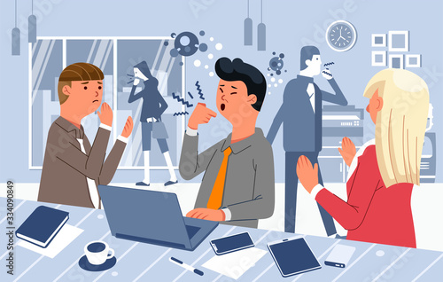 people cough in office not wearing mask, virus spreading in office vector illustration