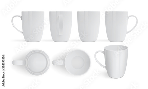 white mugs isolated on white background view from different sides