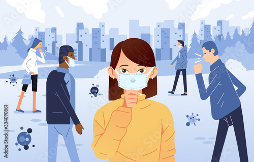 people sick and cough in the public, wearing mask for prevention of virus spreading vector illustration