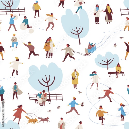 Cartoon people enjoy outdoors activity at winter park seamless pattern vector flat illustration. Man, woman, couple and families walking, ice skating, playing snowballs, making snowman on white