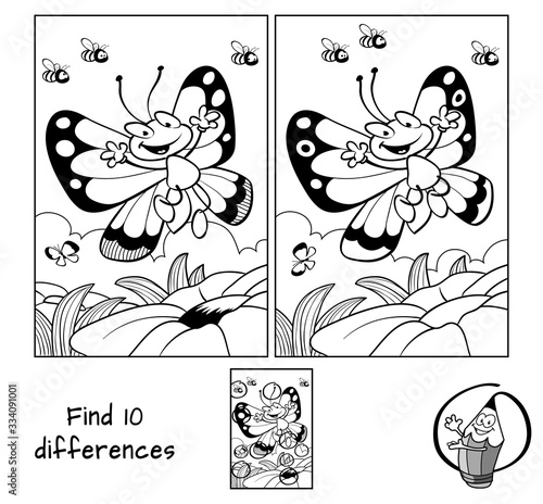 Happy butterfly flying. Find 10 differences. Educational game for children. Black and white cartoon vector illustration