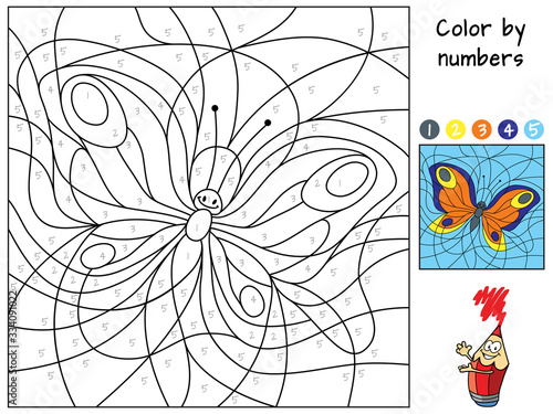Butterfly flying. Color by numbers. Coloring book. Educational puzzle game for children. Cartoon vector illustration
