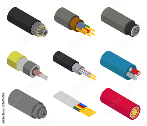 Fiber cable vector isometric set icon. Isolated isometric set icon fibre wire. Vector illustration fiber cable on white background.