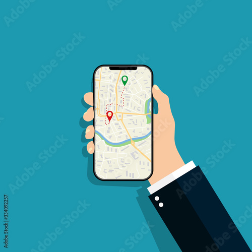 Phone in hand with app of map. Smartphone with gps city app. City graphic navigation and location in device. Screen navigator for search streets, ways. Icon for web, smart guide application. Vector.