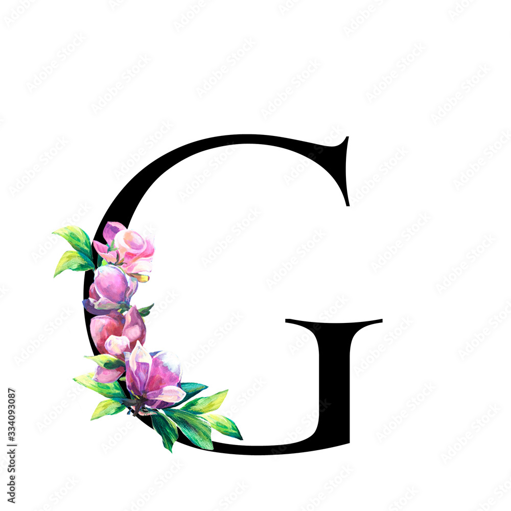 Floral Letter with hand painted pink flowers and leaves. . Elegant ...