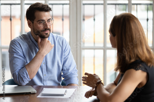 Business meeting, job interview and staffing hiring process, applicant and HR manager, mentor gives instructions to new employee, customer and company representative communication in office concept photo