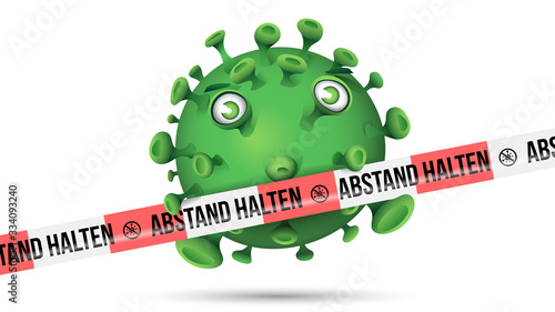 Grüner Virus hinter rot-weissem Absperrband mit der Aufschrift - Abstand halten
