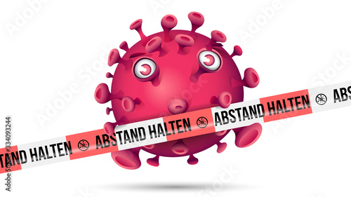 Violett roter Virus hinter rot-weissem Absperrband mit der Aufschrift - Abstand halten