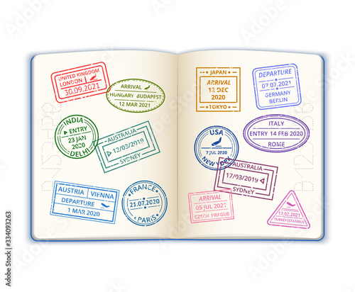Realistic Detailed 3d Stamp in Passport. Vector photo