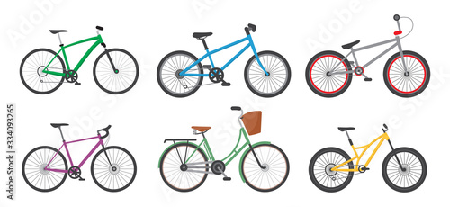 Cartoon Color Different Bicycles Icon Set. Vector