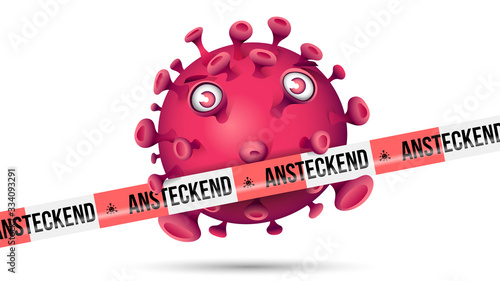 Violett roter Virus hinter rot-weissem Absperrband mit der Aufschrift - Ansteckend