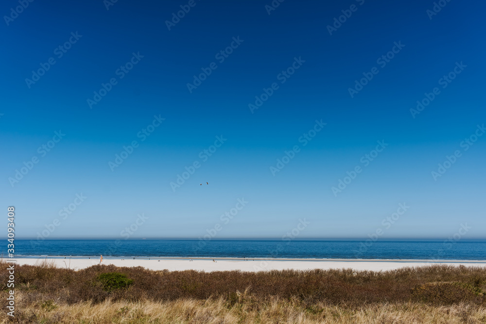 Wide sand beach landscape, sunny day, blue sky, Juist, Germany