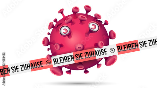 Violett roter Virus hinter rot-weissem Absperrband mit der Aufschrift - Bleiben Sie Zuhause