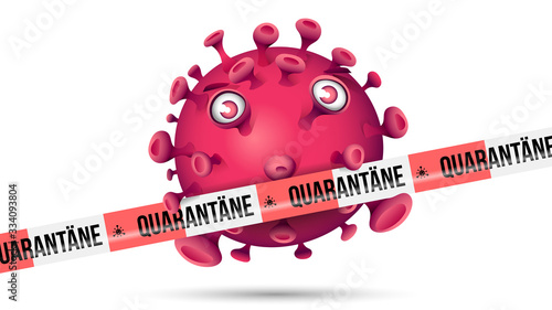 Violett roter Virus hinter rot-weissem Absperrband mit der Aufschrift - Quarantäne