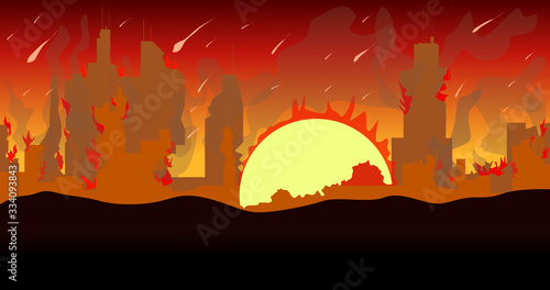 ruined city building silhouette with moon and red sky.Vector illustration