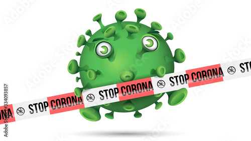 Grüner Virus hinter rot-weissem Absperrband mit der Aufschrift - Stop Corona