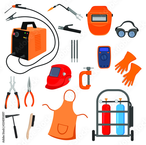 Set for welding works. Collection of elements for safe work and metal welding. Vector illustration on a white background.