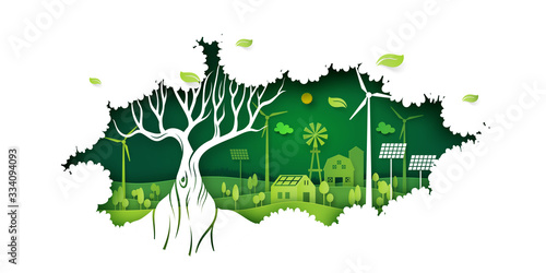 Ecology concept with big tree and green eco life background.Environment conservation resource sustainable.Vector illustration.