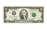 Coronavirus COVID-19 in USA. Quarantine and global recession. Thomas Jefferson in healthcare surgical mask on a two dollar bill. Global economy hit by corona virus outbreak and pandemic.