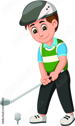 Handsome Golfer Boy With Golf Stick and Ball Cartoon