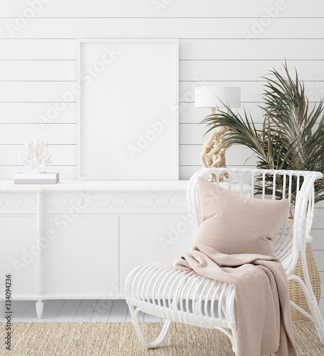 Mock up frame in cozy coastal home interior background, 3d render